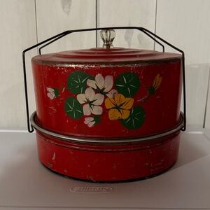 Vintage Mid Century Red Floral Metal Cake and Pie Carrier with Handle
